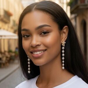 Pearl Cross Earrings Linear Dangle Drop Shoulder Dusters Modern Retro Glam 60s